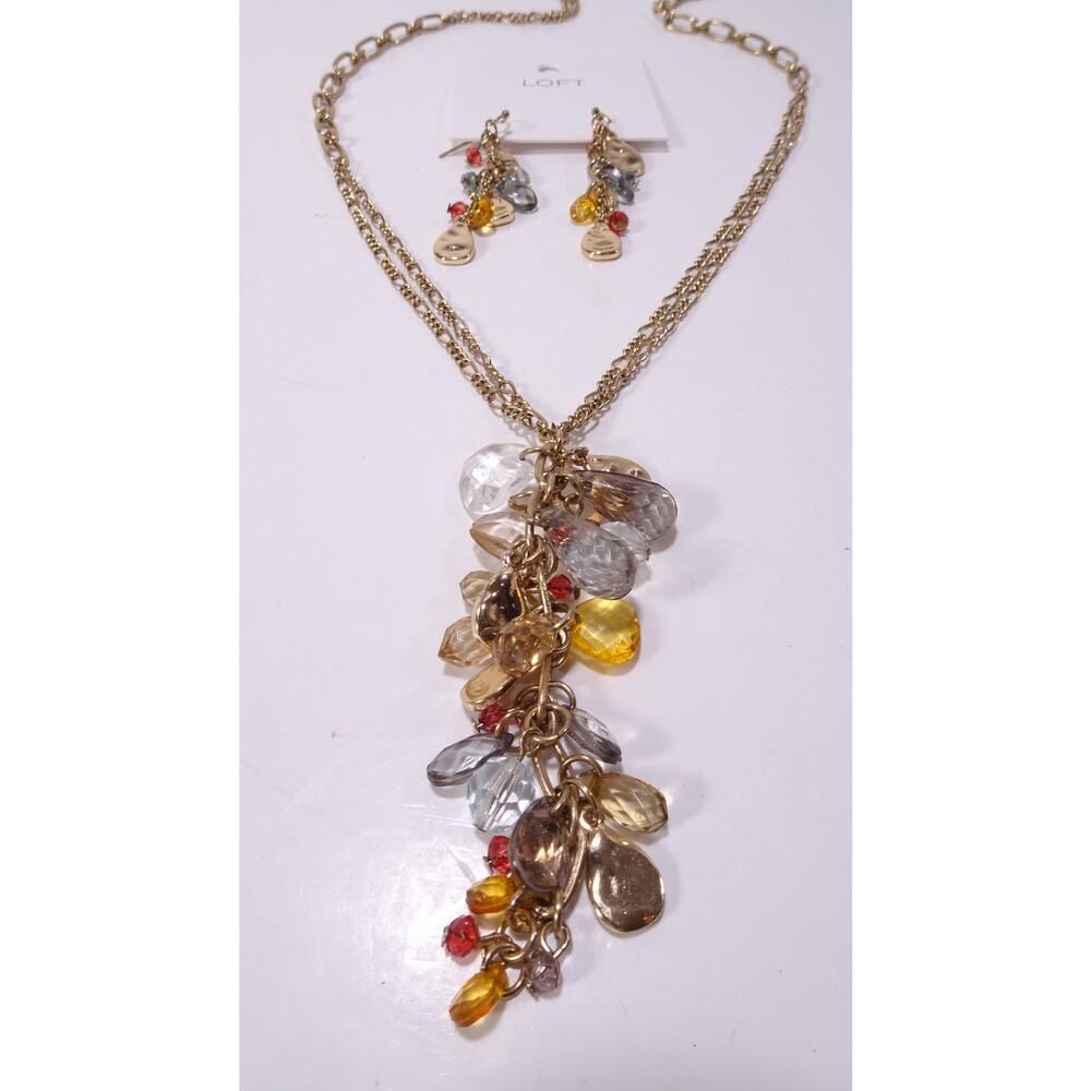 Ann Taylor LOFT Lucite Harvet Bead Lariat Necklace Earring NWT 89 JEWELRY SET